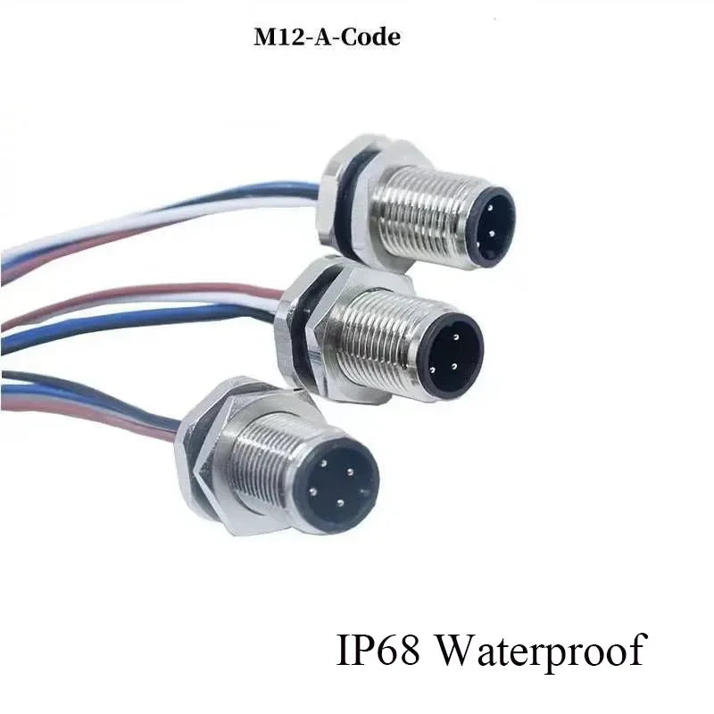 Waterproof M12 Male Female Connector Cable IP68 4 5 8 12 Pin Aviation Socket with 20CM Wire Open 12mm/16mm Panel Mount Sockets