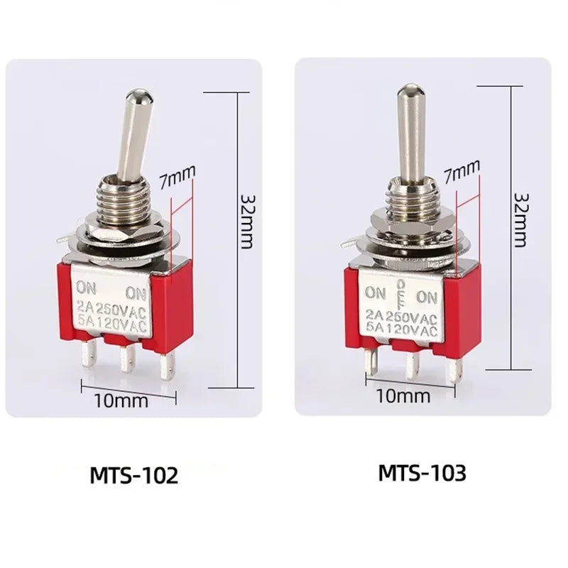 10Pcs MTS102 MTS203 Micro Switch 6mm Miniature Switch ON-OFF-ON Toggle Switch Single Pole 3Pin 6Pin ON/OFF Power Button Switch