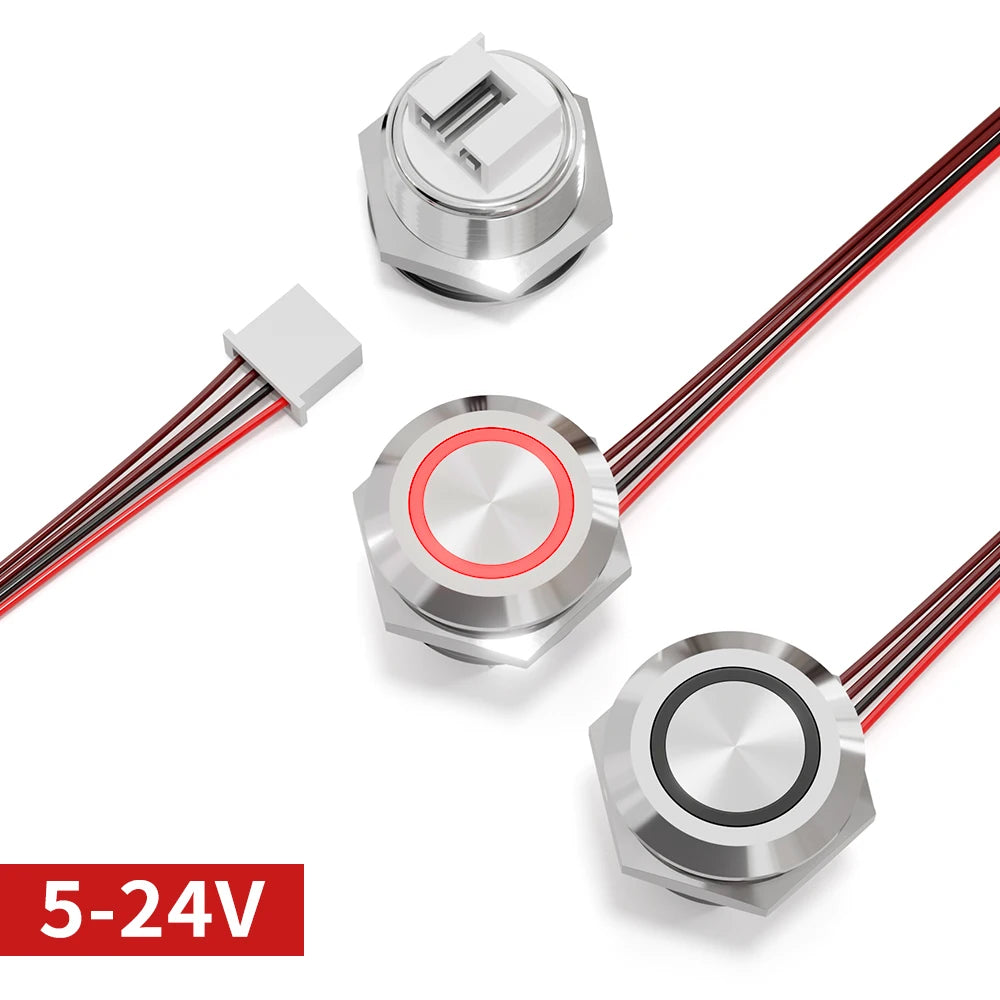 12mm Mini Metal LED Push Button Switch IP67 Waterproof Momentary 5-12-24V Short Stroke Push Button with Quick Connect Terminals