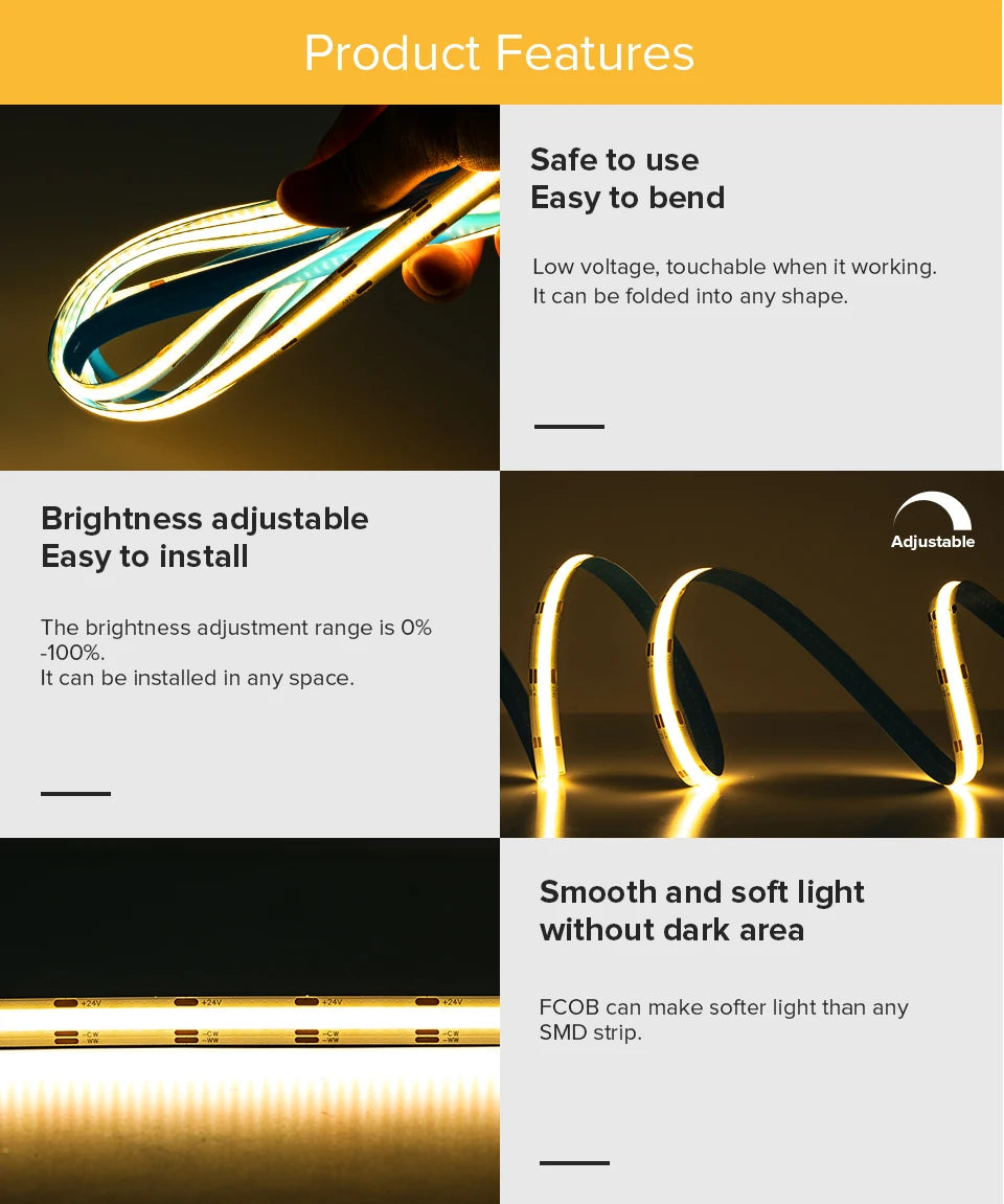 FCOB CCT LED Light Strip 640 LEDs High Density Flexible FOB COB 10mm Led Lights RA90 3000K to 6000K Linear Dimmable DC12V DC24V