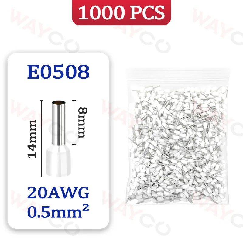 1000PCS Tubular Crimp Terminals Electrical Wire Cable Ferrules Connectors E0508 E7508 E1008 E1508 E2508 E4009 E6012 Ring Sleeve