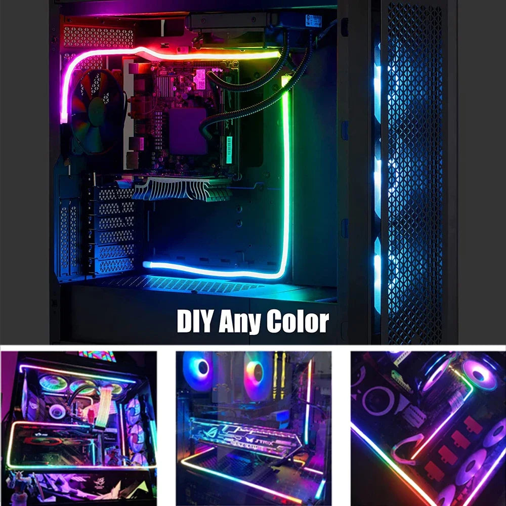Soft Neon Addressable Rainbow PC WS2812b LED Strip Light for 5V 3pin ARGB Header PC Case Asus Aura Sync RGBIC Fusion MSI Mystic
