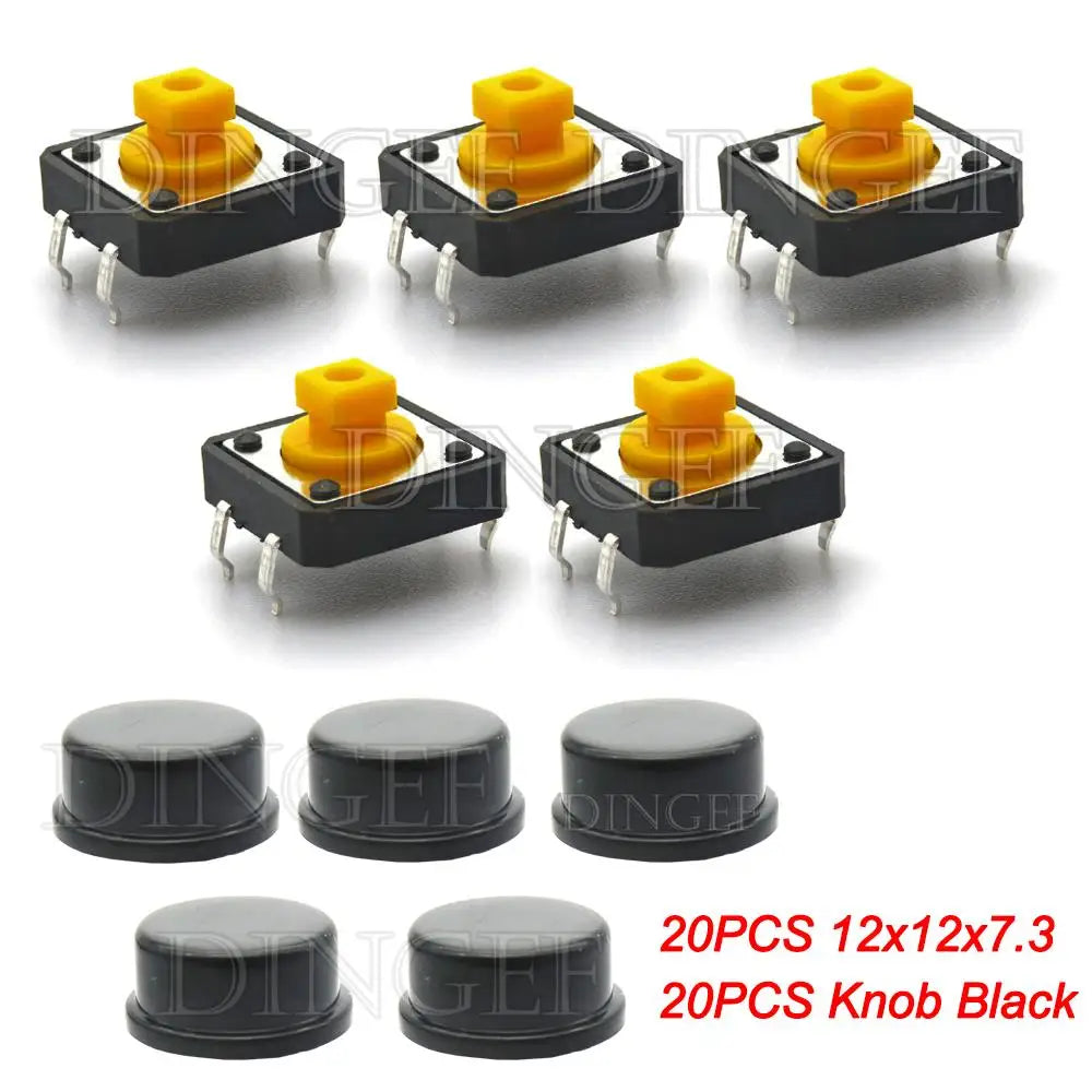 20PCS Tactile Push Button Switch Momentary 12*12*7.3MM Micro switch button with knob Yellow Green Red Kit 12x12x7.3