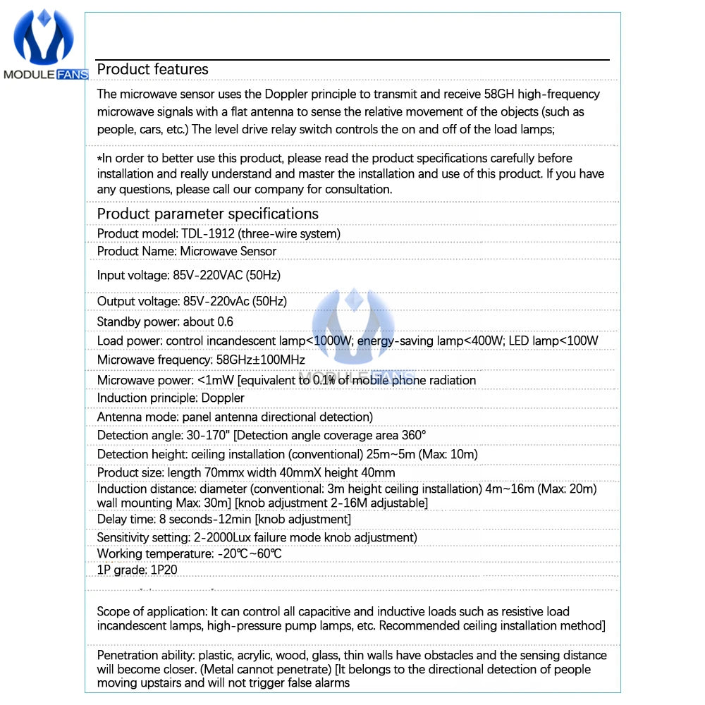 AC 220V 5.8GHz Microwave Radar Sensor Switch Human Body Motion Induction Sensor for LED Light Sensors Switches