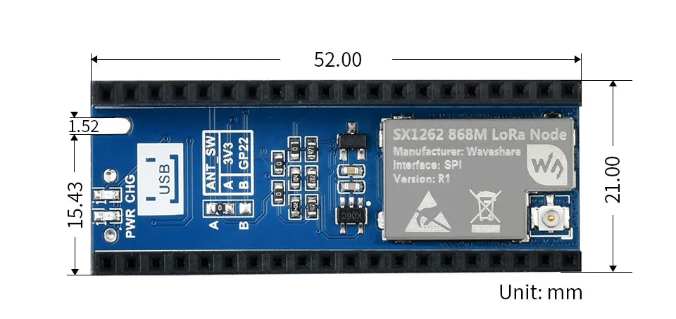 Waveshare SX1262 LoRa Node Module for Raspberry Pi Pico LoRaWAN EU868 Band Pico-LoRa-SX1262-868M
