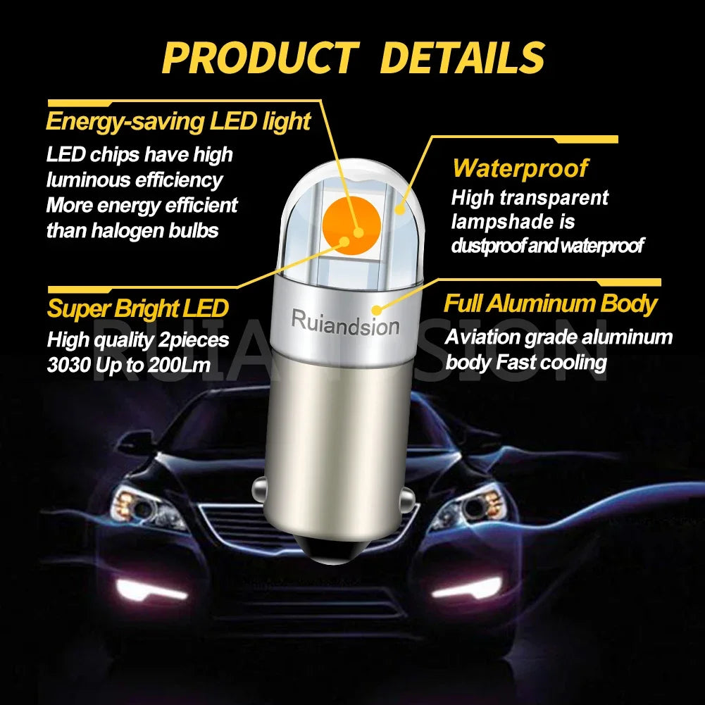 4PCS 6.3V BA9S 2 SMD 3030 LED Non Polarity 6V 12V 24V 110V 220V Car Bike Pinball Machine White Yellow 3000K