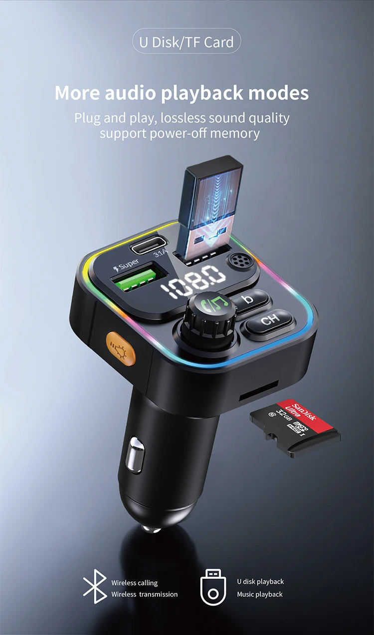 FM Transmitter Bluetooth 5.0 Car Handsfree Audio Mp3 Player Adapter USB 22.5W Quick Charging Type-C Fast Charger FM Modulator