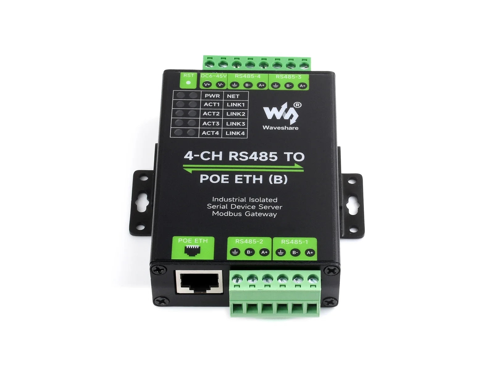 Waveshare 4 Channels RS485 Independent Operation, 4-Ch RS485 To RJ45 Ethernet Serial Server Optional PoE Function