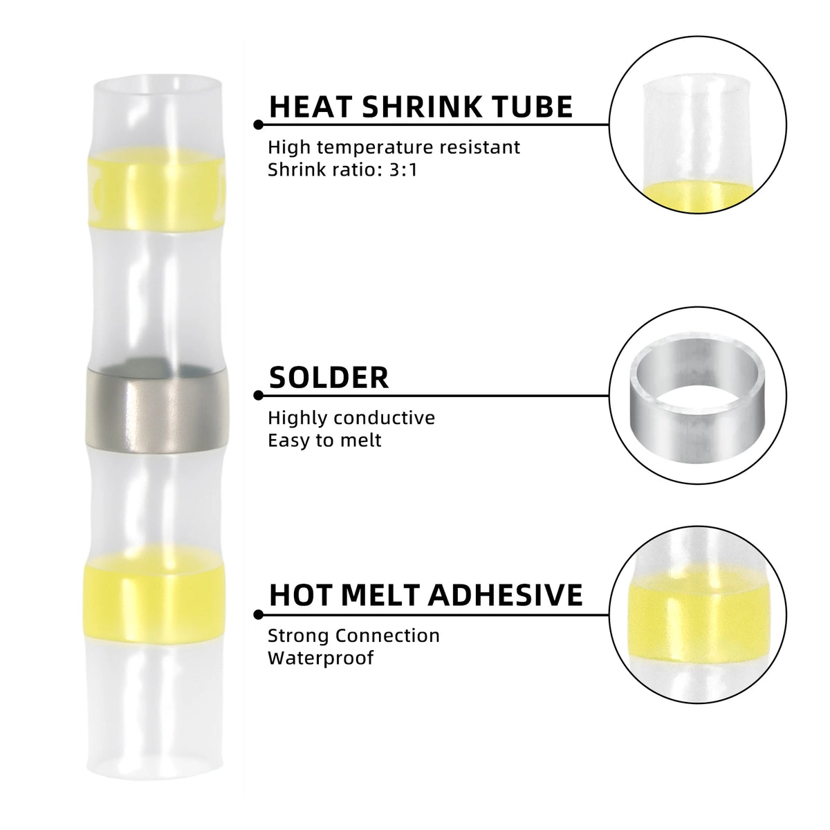 50-500Pcs Boxed Solder Seal Wire Connectors Kit 3:1 Heat Shrink Butt Connectors Waterproof Insulated Electrical Terminals