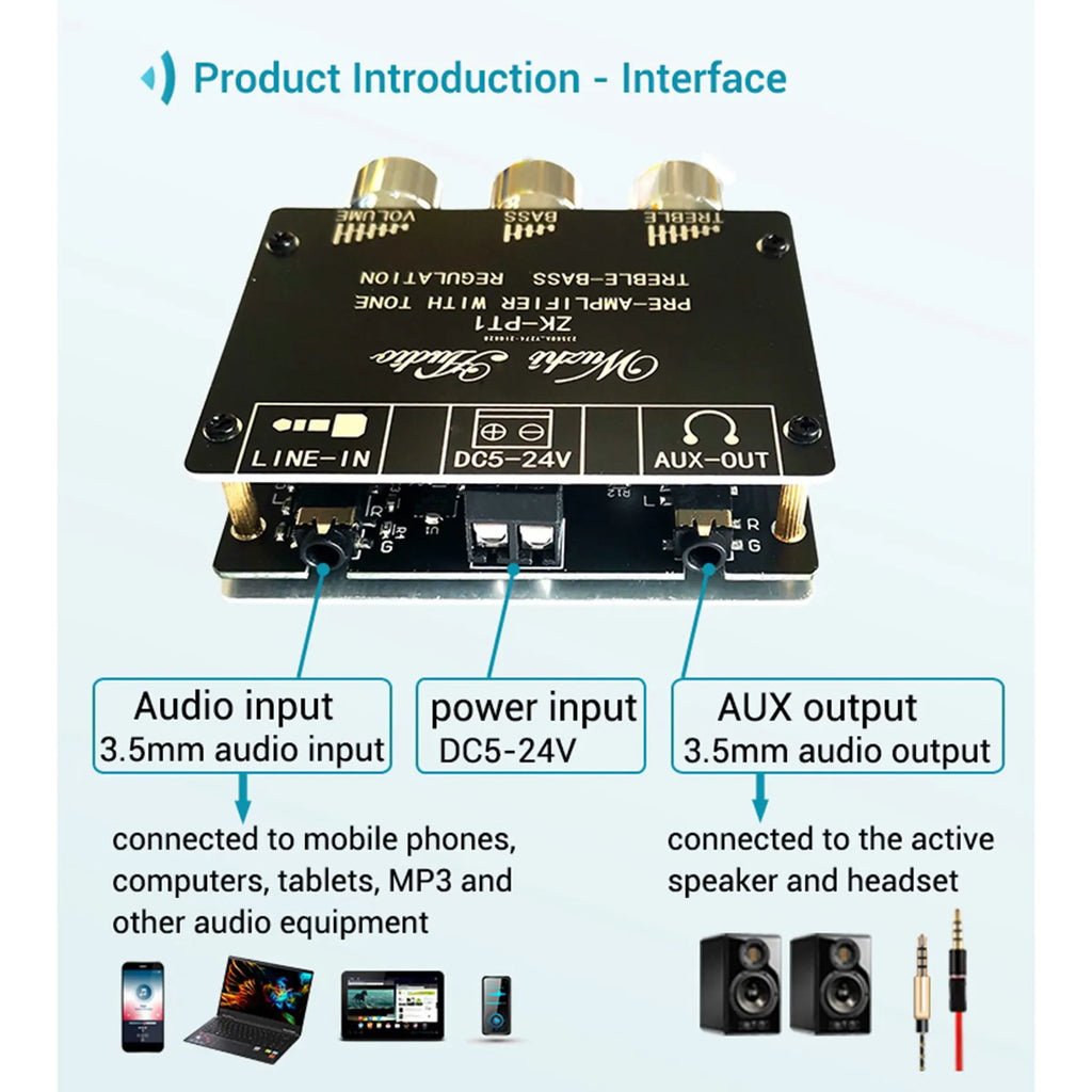 B02B-Bluetooth 5.0 Decoder Board Dual Channel Stereo Low Noise High and Low Tone Pre-Module Amplifier Board ZK-PT1