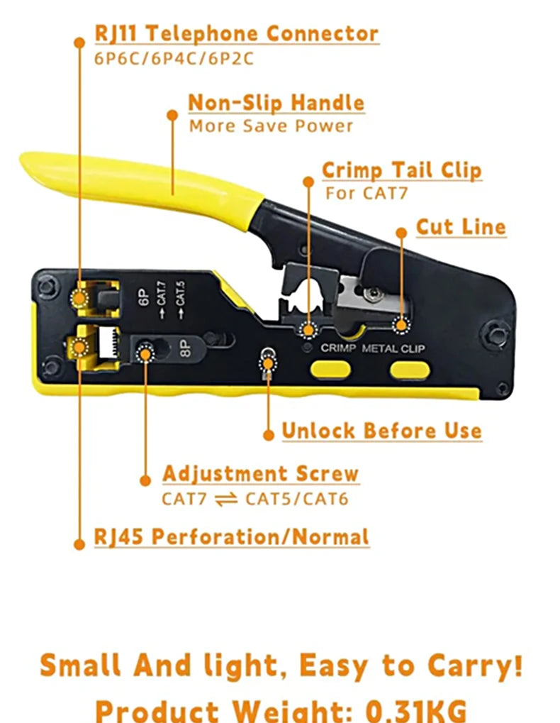 RJ45 Crimping Tool Wire Stripping Cutting Vertical Crimping Network Cable Pliers With Through-hole Cat7 Cat6 Cat5 8P6P Pliers