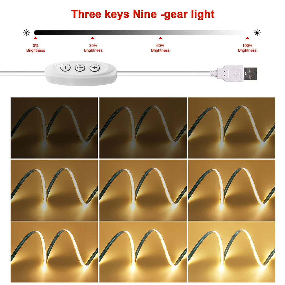DC 5V COB LED Strip Light With USB 2PIN Wire DC Plug 8MM 320LED High Density Flexible Tape 3000K 4000K 6000K Warm Natural White