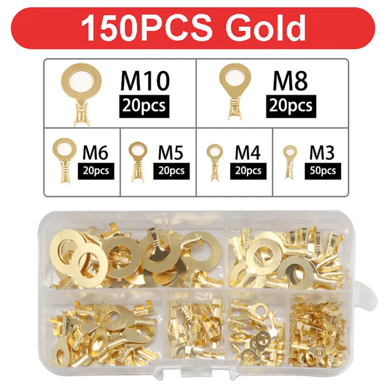 150-540pcs Boxed Terminal Block Connector M3/M4/M5/M6/M8/M10 O-type Ground Lugs Terminal Cold-Pressed Copper Tab Wiring Nose