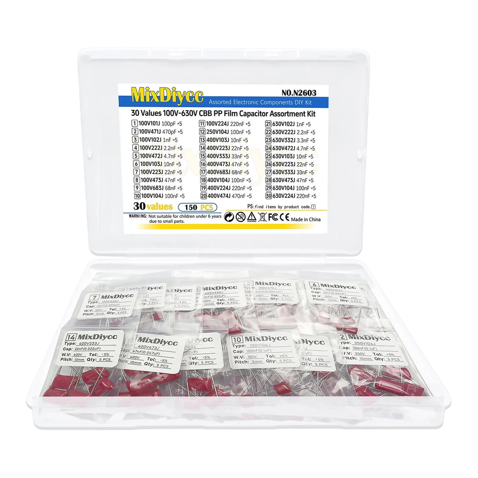 30 Values CBB Polypropylene film Capacitor Kit 100V/400V/630V 471/102/472/103/473/104/224/474 1/4.7/10/100 nF uF Total 150 Pcs