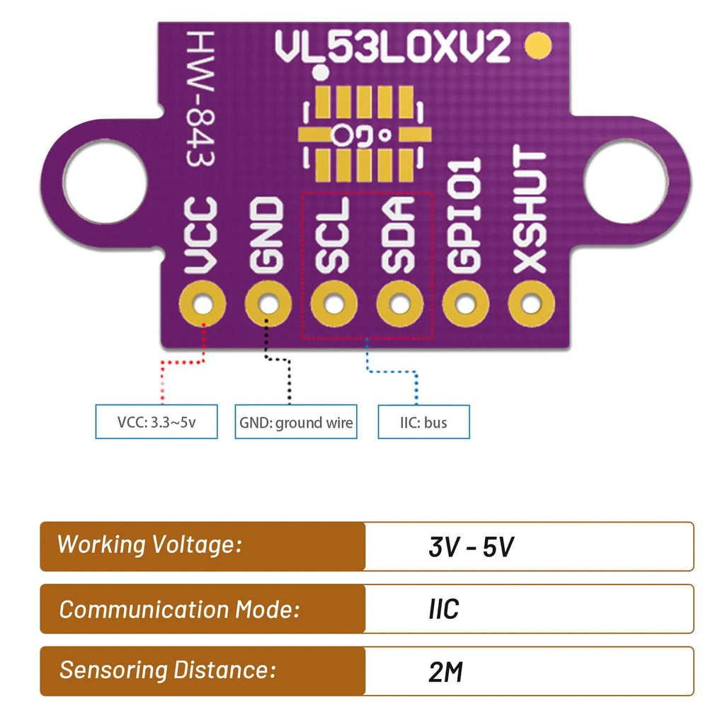 1/2pcs VL53L0X Ranging Sensor Module VL53L0X Time-of-Flight (ToF) Ranging Sensor Breakout 2.8-5V I2C IIC Interface Communication