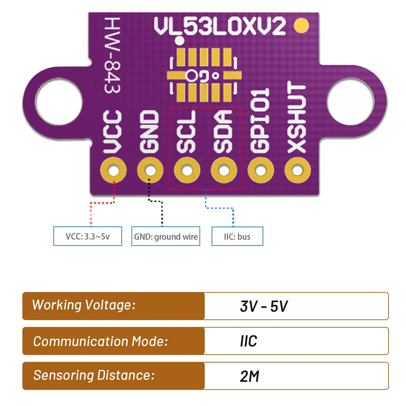 1/2pcs VL53L0X Ranging Sensor Module VL53L0X Time-of-Flight (ToF) Ranging Sensor Breakout 2.8-5V I2C IIC Interface Communication