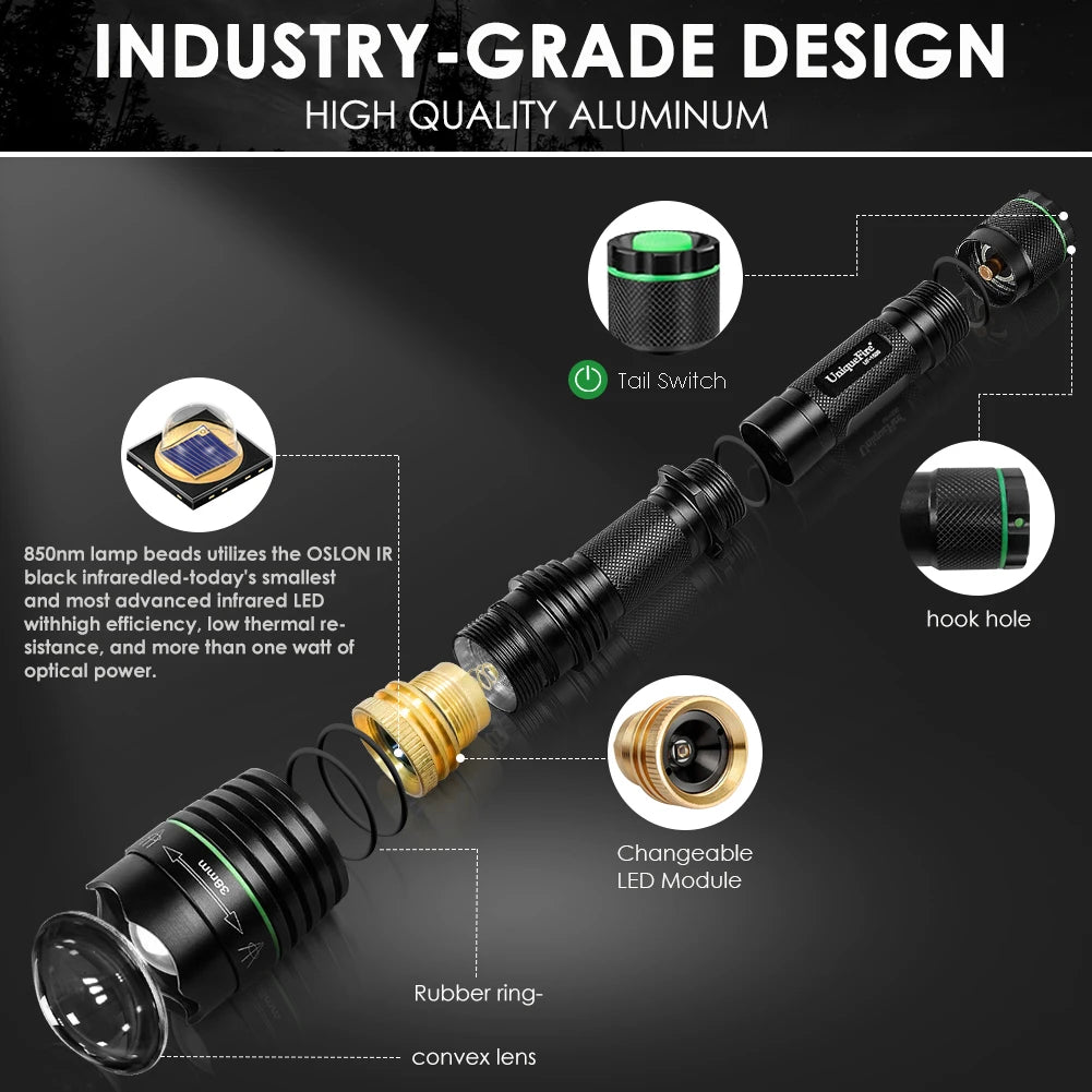 UniqueFire 1508 T38 T50 T67 T75 IR 850NM 5W LED Hunting Flashlight 3 Mode Zoom Night Vision Torch + Rat Tail Mount + USB Charger