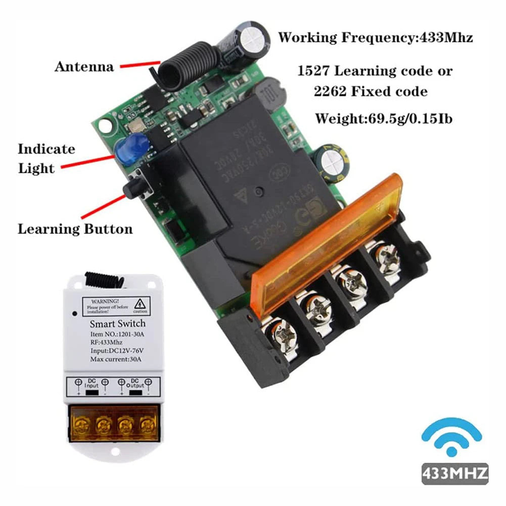 Wide Voltage DC 12V-76V 30A Remote Relay 433Mhz Remote Control Wireless Switch On Off Used for Smart home appliances/Light