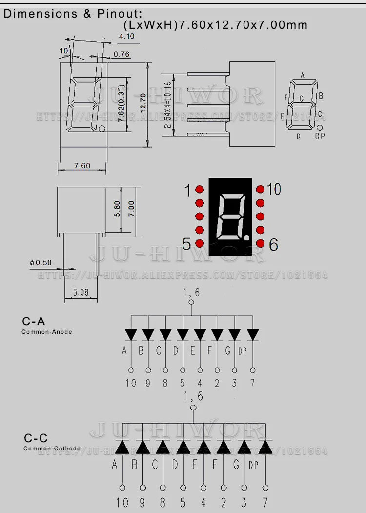 10pcs 0.3 Inch 10 Pins 3014AS 3014BS 3104AS 3104BS 1 Bit Digit 7 Segment Red LED Digital Display Digitron Common Anode Cathode