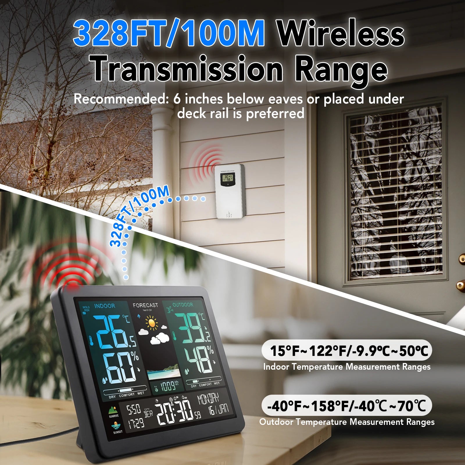 Wireless Weather Station Digital Indoor Outdoor Thermometer Hygrometer with 3 Remote Sensors Sunrise Sunset Forecast Alarm Clock