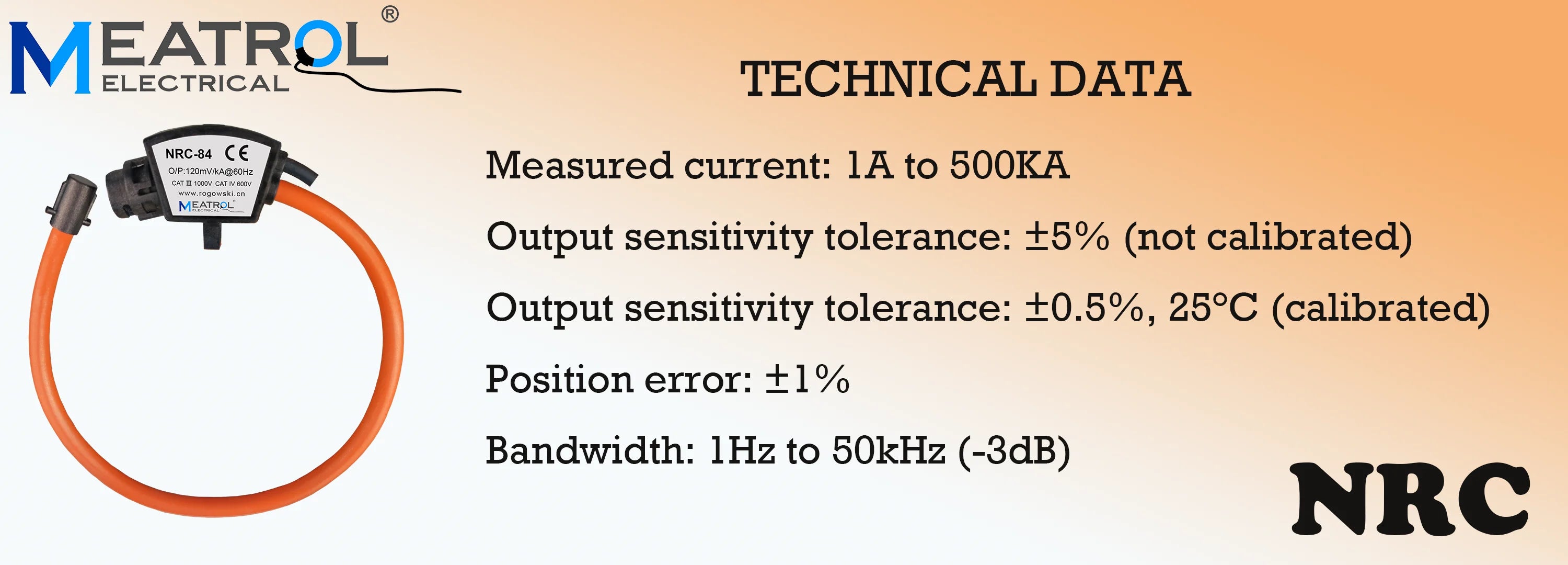 MEATROL NRC High Accuracy 0.5% High Accuracy Flexible Rogowski Coil Current Transformer AC Rogowski Sensor 100A
