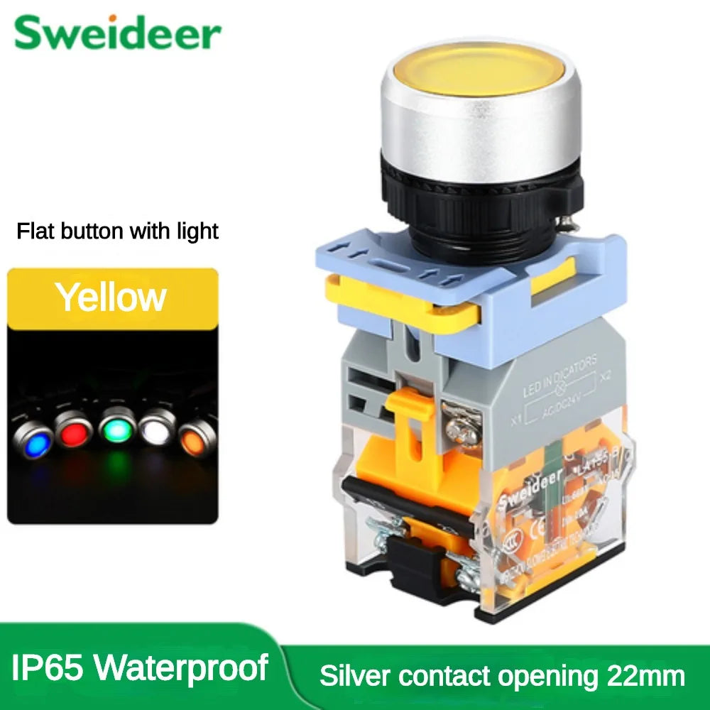 Waterproof Push Button Switch with LED 22mm Momentary Reset Self Locking Power Button Switch with Light 12V 24V 220V 10A 2NO 2NC