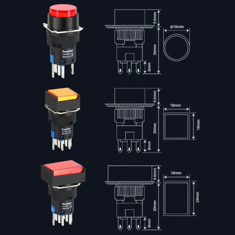 16mm Push Button Switch LED Illuminuted 12/24/220V Momentary Self-locking on Off with Light Square Round Rectangle Power Switch