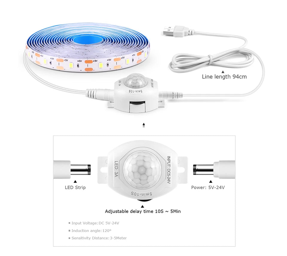 USB 5V LED Strip Light Waterproof SMD2835 With Sensitive PIR Motion Sensor Delay Time Adjustable For Kitchen Bedroom Corridor
