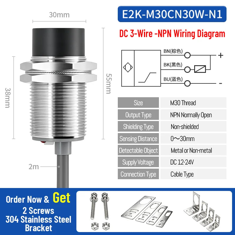 ZHICAN E2K M12 M18 Capacitive Proximity Sensor 30mm Long Range Plastics Glass Wood Metals Nonmetal Material Detection Switch