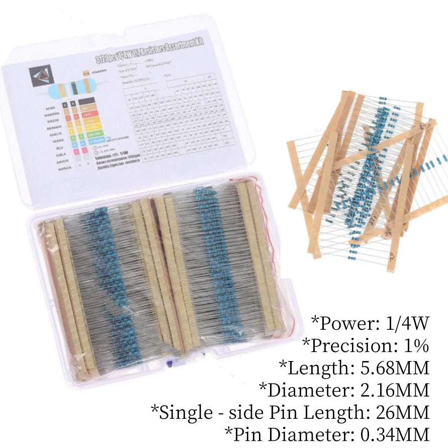156 Specifications 3120PCS 1/4W Metal Film Resistor Sets 20 Pieces Each 1 Ohm-10M 1% 0.25W
