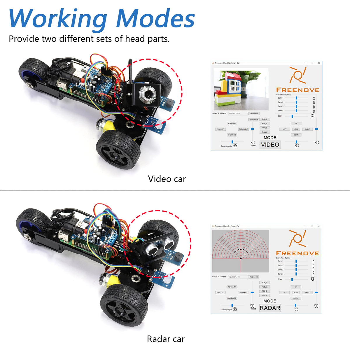Freenove 3WD Car Kit for Raspberry Pi 5 4 B 3 B+ B A+, Video Mode, Radar Mode, App Control, Ultrasonic Sensor, Camera, Servo