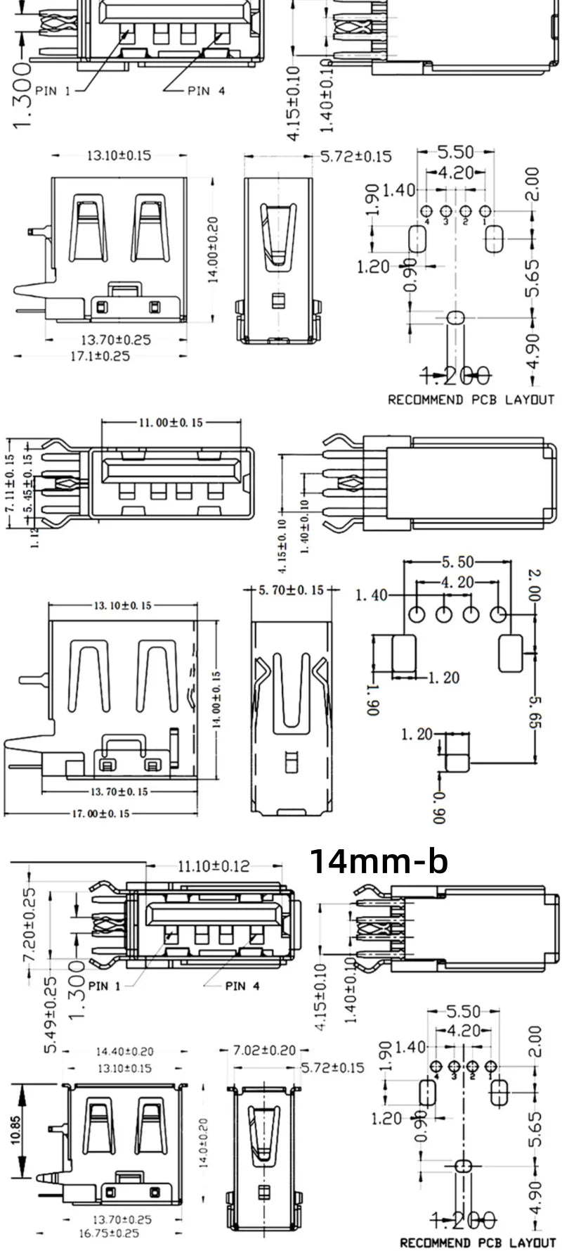 10PCS USB A Type Female Socket 14mm 19.5mm 4Pin AF 90° Right Angle Side Insertion Flat Edge Curled Edge 2.0 USB-A Type Connector