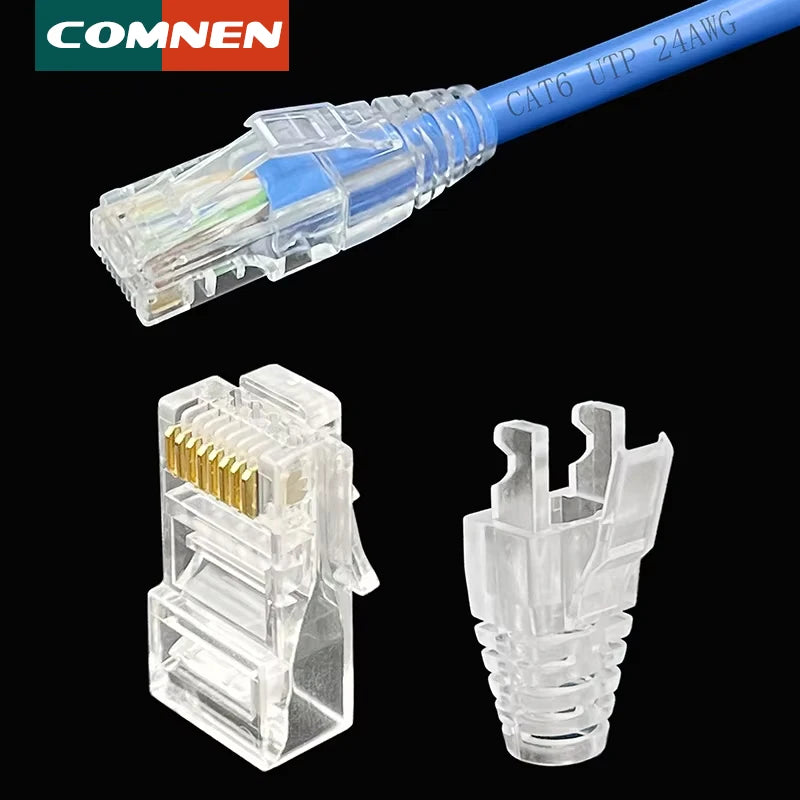 COMNEN 1-100pcs RJ45 Cat6/6a Pass Through Connectors Strain Relief Boots EZ to Crimp Modular Plug Connector Cable Plug Covers