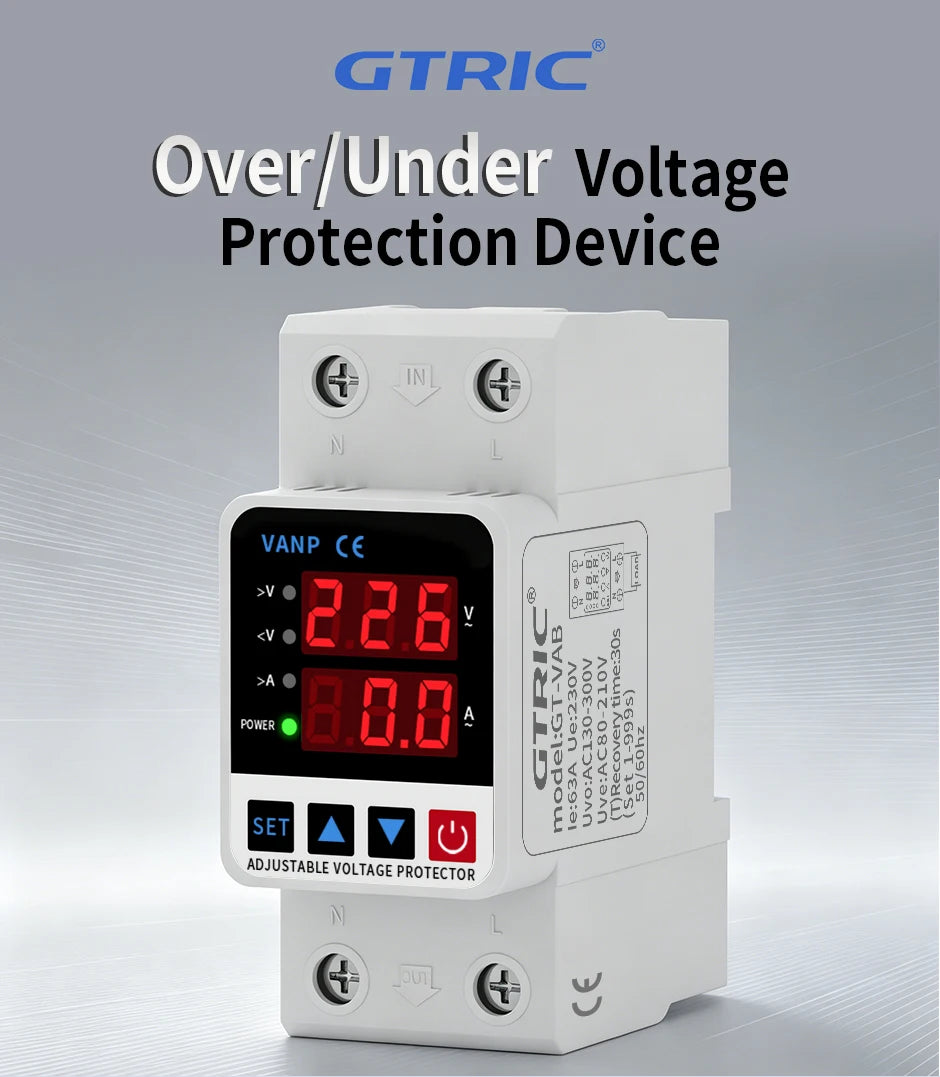 GTRIC Voltage Protection Relay Din Rail Over Under Voltage Protector 230VAC 40A 63A Adjustable Voltage Current Protection Device
