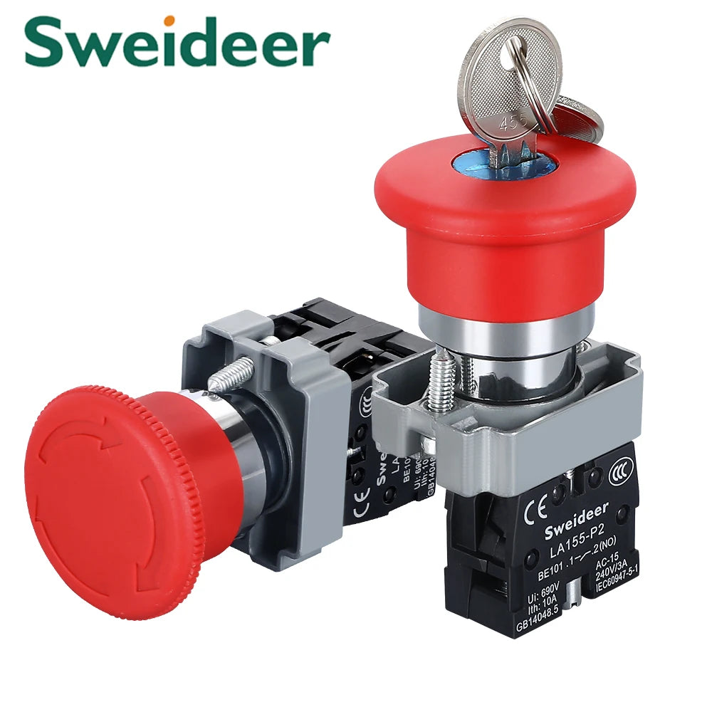 22mm Mushroom Emergency Stop Button Switch XB2-BS542 BS442 BS642 BS142 10A Key Emergency Stop Power Button Switch Starter Switch