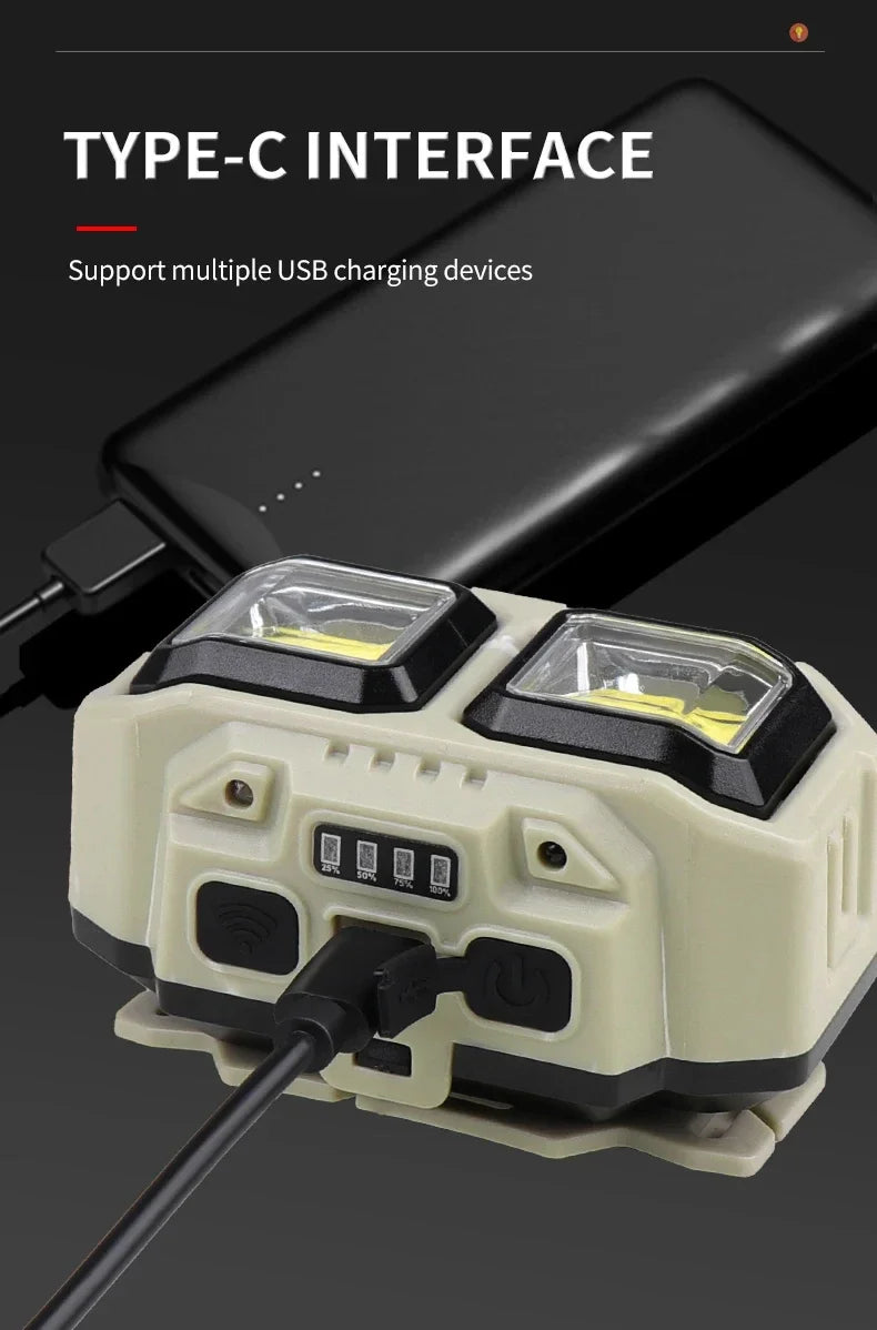 HOMEFISH COB LED Headlamp Induction USB Rechargeable Head Flashlight Powerful Work Light for Outdoors Camping Fishing