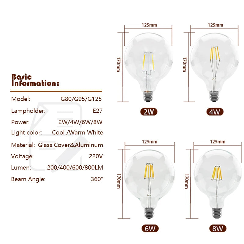 Retro Edison Filament LED Light Bulb E27 AC 220V 240V G80 G95 G125 Globe Light Glass Bulb 2W 4W 6W 8W Lampara LED Lamp