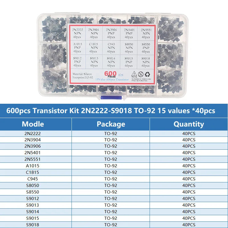 Transistor Assortment Kit TO92 PNP/NPN A1015 BC327 BC337 C1815 S8850 2N2222 2N2907 2N3904 2N3906 for Electronics DIY Repair