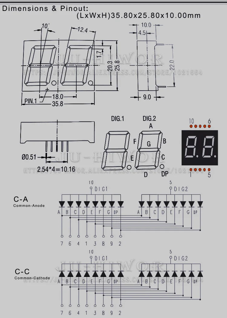 5pcs 0.8 inch 10Pins C-C 8021AS C-A 8021BS  2 Digits Bits 7 Segment Red LED Digital Display Digitron Common Anode Cathode