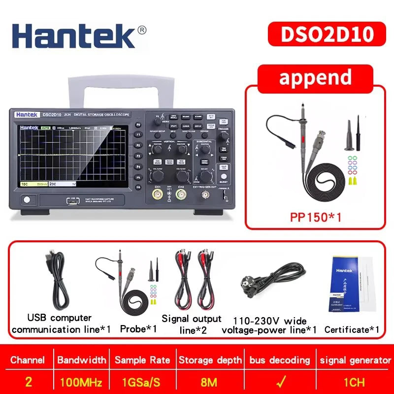 Hantek DSO2C10 DSO2C15 DSO2D10 DSO2D15 2CH Oscilloscope 100/150MHz 1GSa/s 8Mpts FFT UART I2C SPI CAN LIN 25MHz AWG D Models