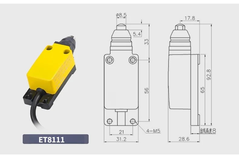 IP67 Waterproof Travel Limit Switch Limit Switch Micro Movement Roller 8108 Sealed Three Core Wire Swing Switch