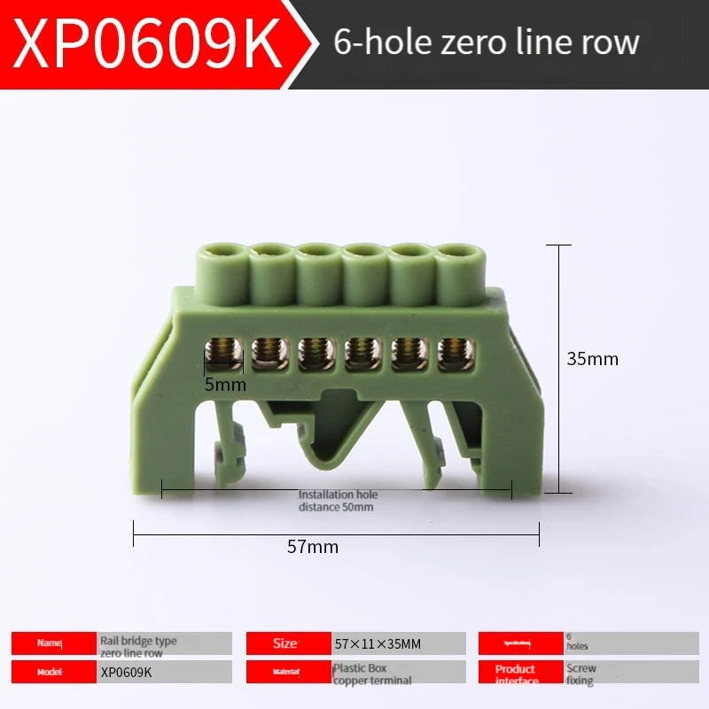 Bridge type guide rail type zero line busbar green flame-retardant terminal block 6 * 9 distribution box zero ground busbar conn