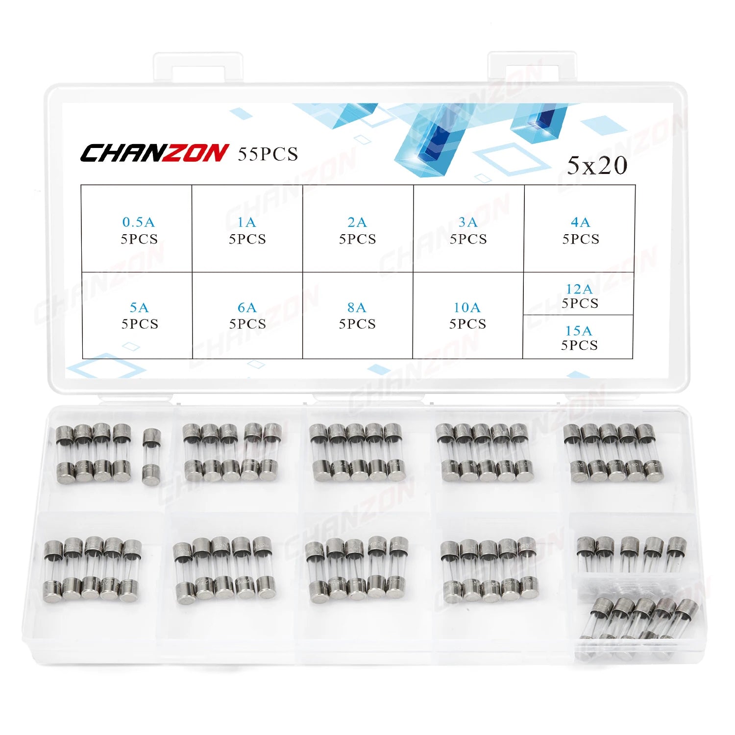 5x20 Fast Blow Tube Glass Fuse Set 5X20mm 0.5A 1A 2A 3A 4A 5A 6A 8A 10A 12A 15A 250V 125V 12V Assortment Kit with Box 55pcs