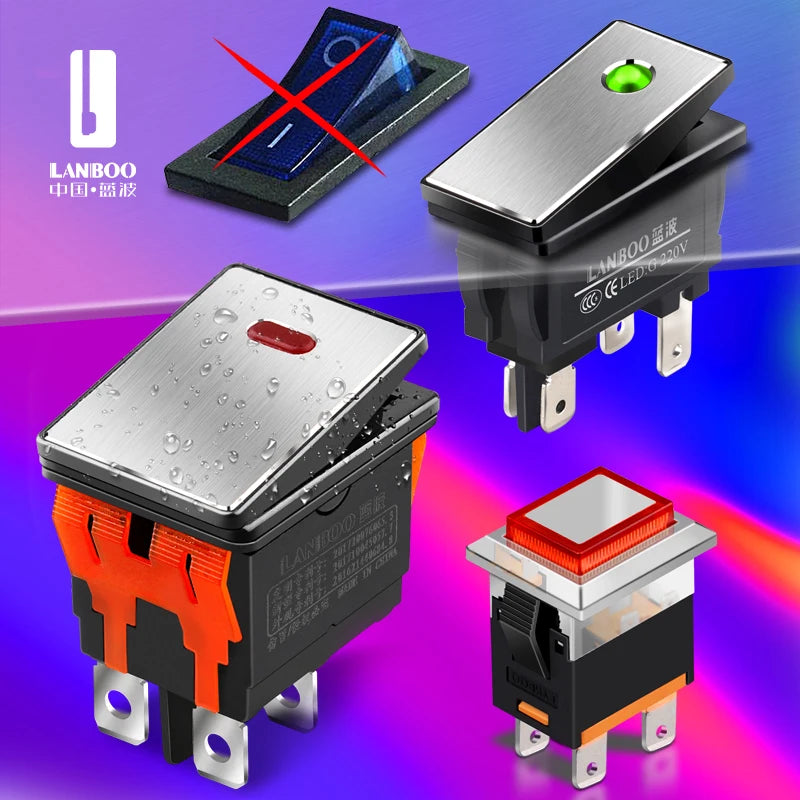 LANBOO High-End Quality Latching  Rocker Switch 20A 16Amp Current Push Button 2no2nc with LED 3-8V/9-24V/220V
