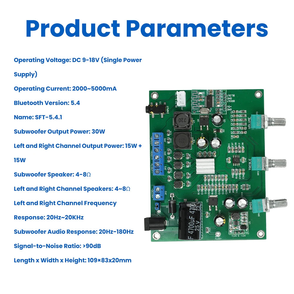 DC 9-18V 2.1 Channel Digital Audio Amplifier Board 2*15W+30W Bluetooth 5.4 Digital Decoder Power Amplifier Audiophile Subwoofer