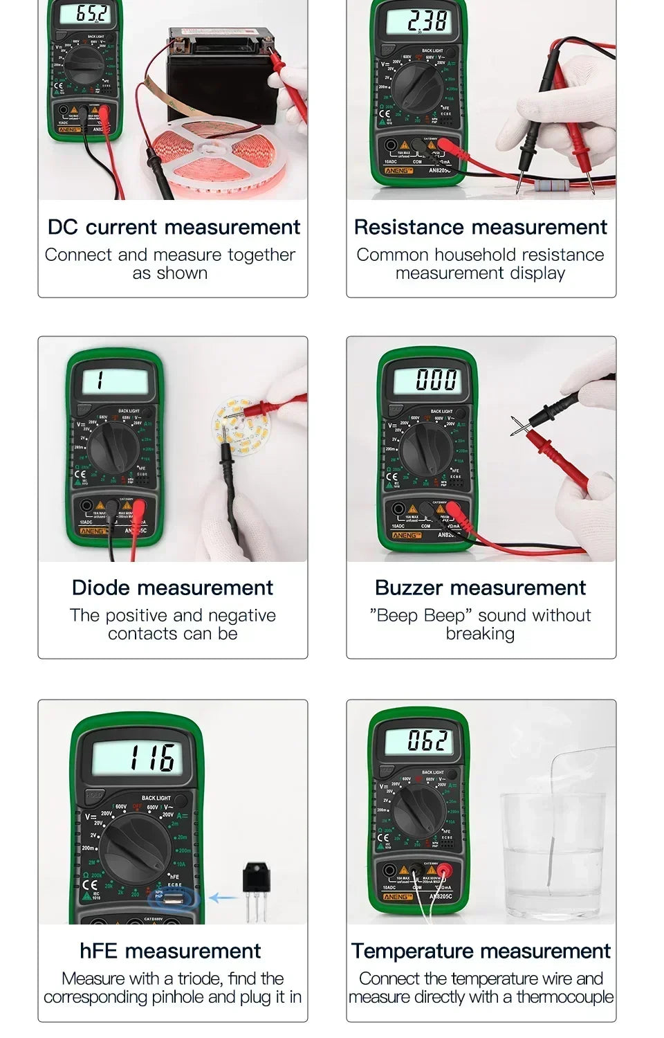 ANENG AN8205C Volt Ohm Multimetro Tester Meter With Thermocouple LCD Backlight Portable Digital Multimeter AC/DC Ammeter