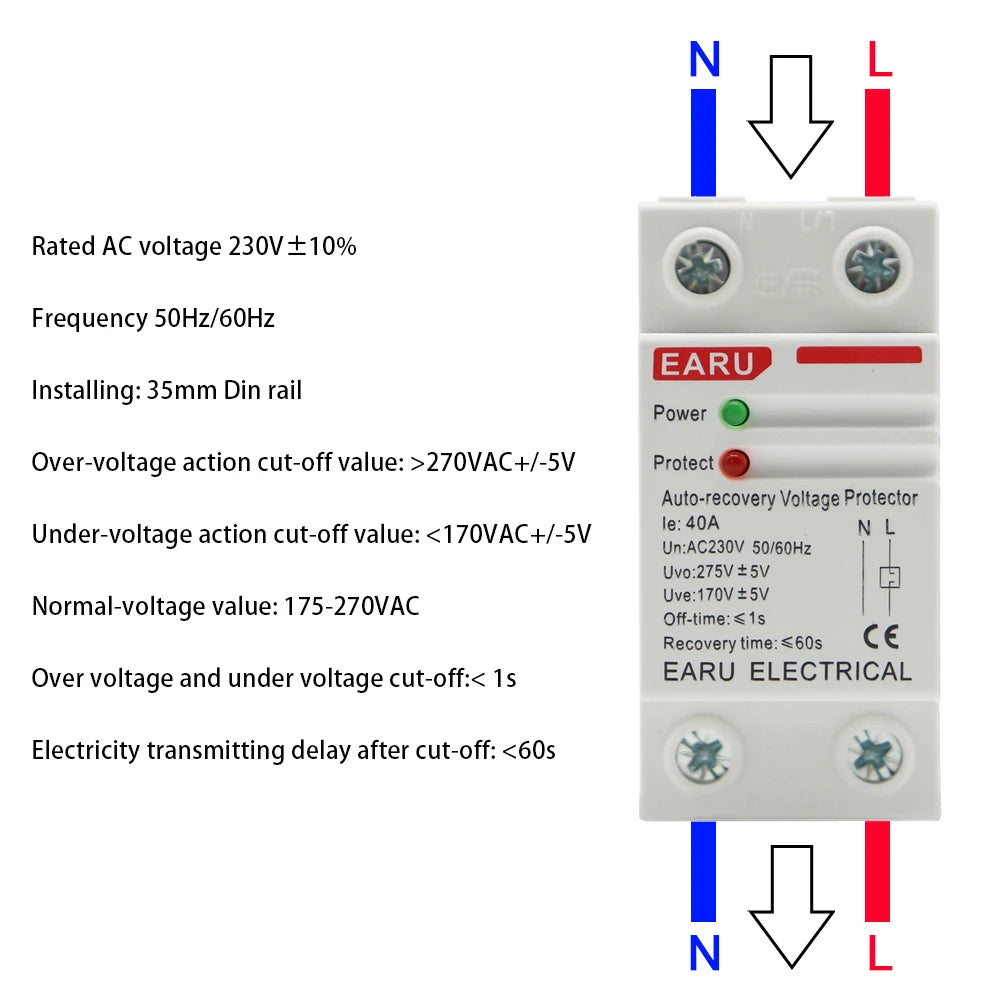 40A 63A 230V Din Rail Automatic Recovery Reconnect Over Voltage Under Voltage Protective Device Protection Relay