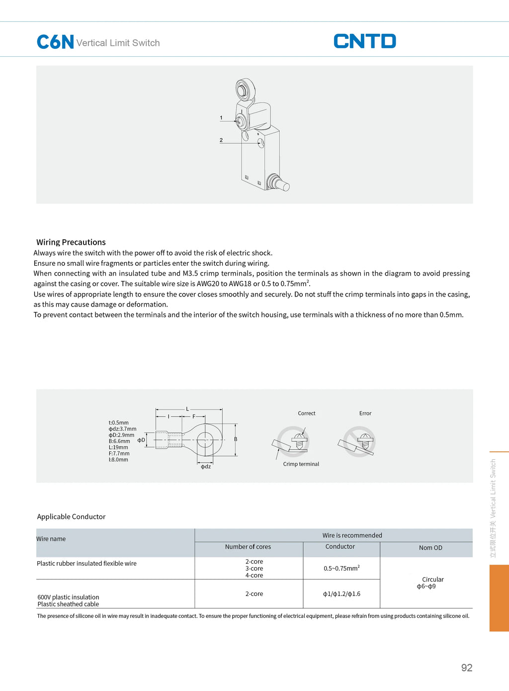 CNTD Micro Limit Switch C6N Series C6N‑101 C6N‑102 C6N‑111 C6N‑121 1NO1NC 10A 250V IP67 Waterproof For Automated Machinery
