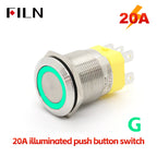 FILN 22mm 20A Metal Push Button Switch with Wire Harness Connector IP67 Waterproof LED Ring Light High Current Switch 12V 220V