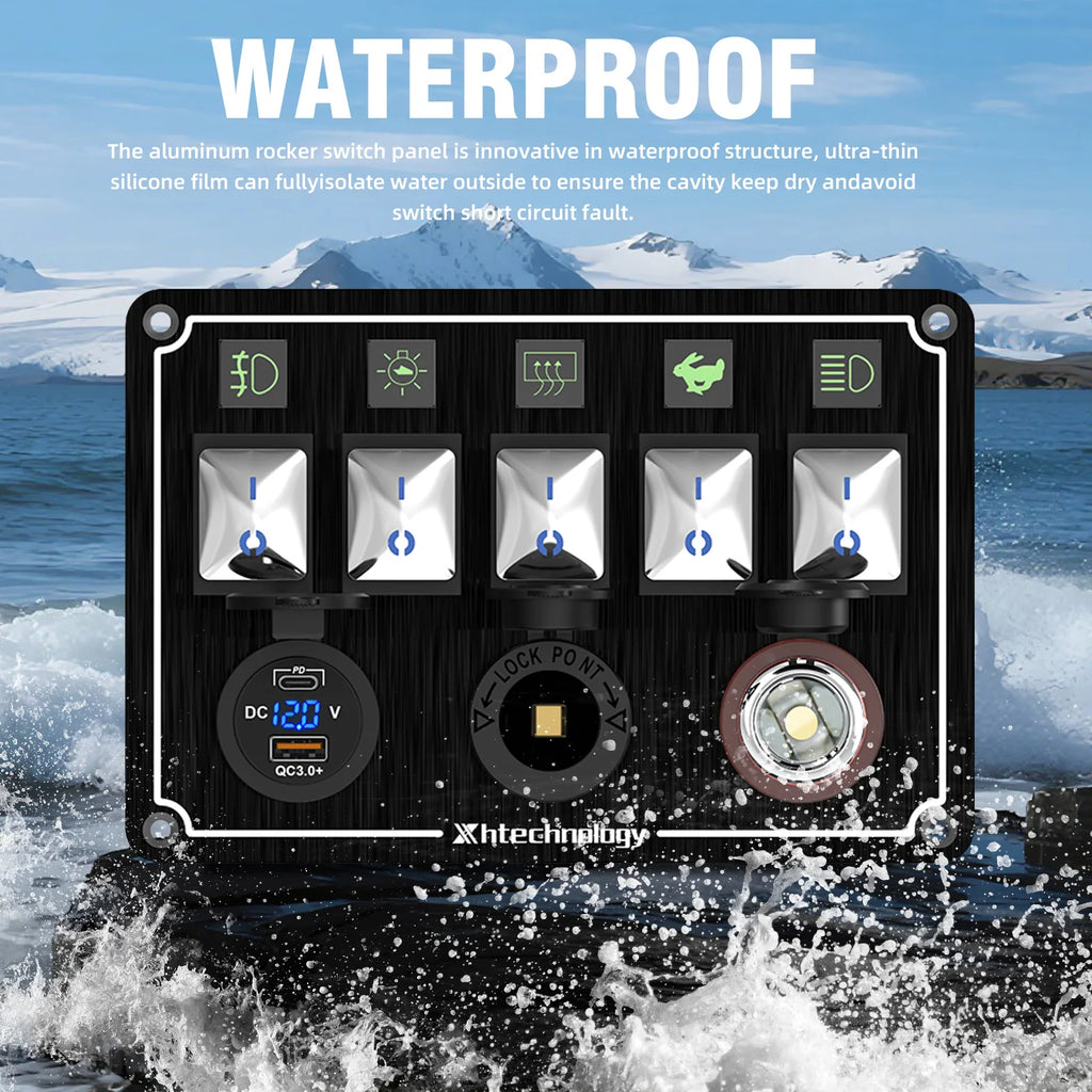 Metal 4-6 Gang Marine Rocker Switch Panel Waterproof 12 Volt, Boat Toggle Switch Panel 12V  LED Lighted for Boat Car RV